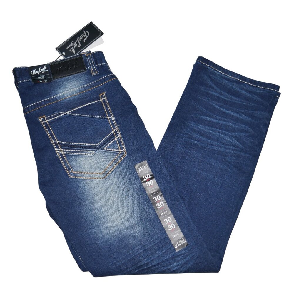 True Luck Men's Bootcut Jeans Size 30x30 Embroidered Stitched Medium Wash BKE